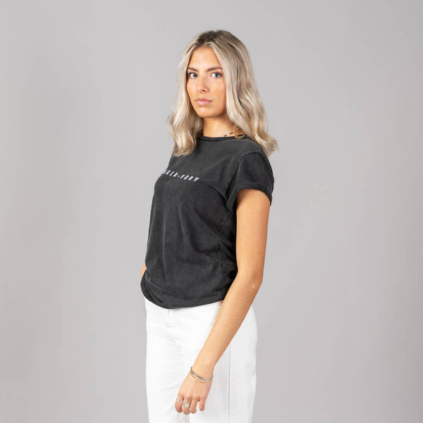 Embroidered Text Rolled Sleeve T-Shirt