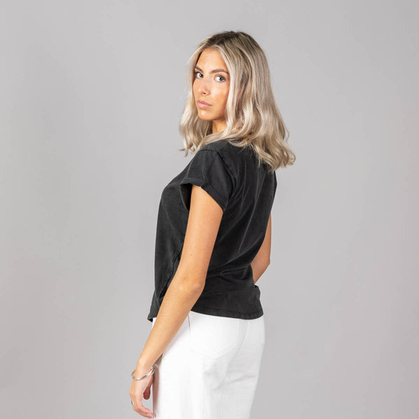 Embroidered Text Rolled Sleeve T-Shirt