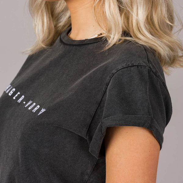Embroidered Text Rolled Sleeve T-Shirt