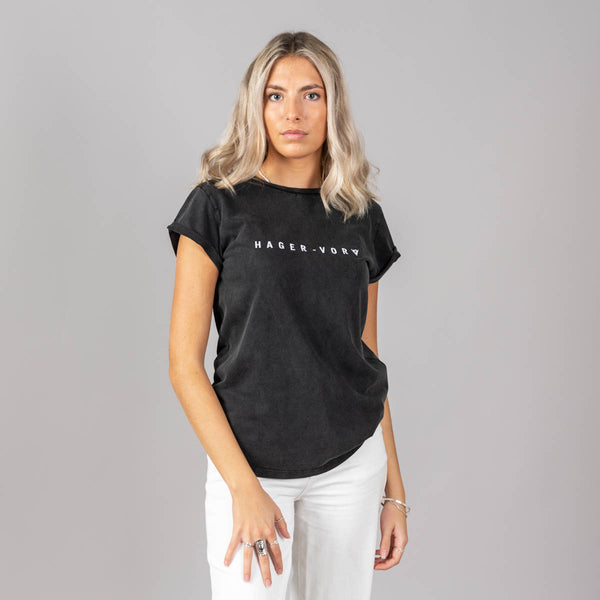 Embroidered Text Rolled Sleeve T-Shirt